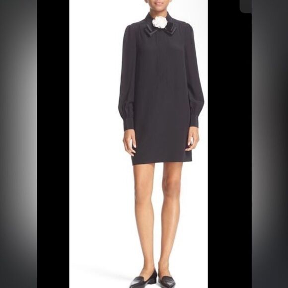 Kate Spade Rosette bow silk shift shirt dress in black 8 (no flower neck tie) - Picture 2 of 8